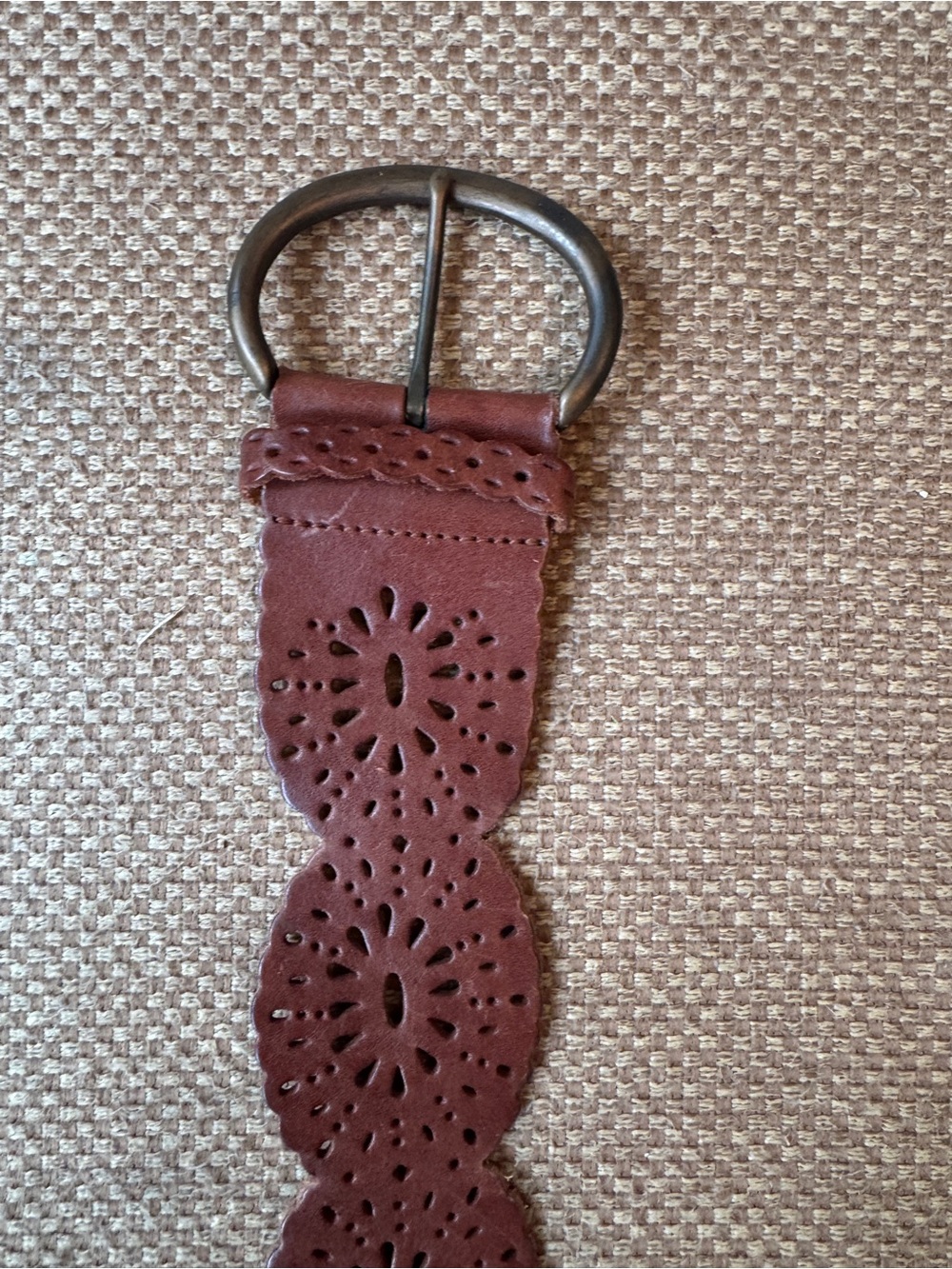 Fossil Floral Cutout Leather Belt - Chestnut Brown with Antique Buckle